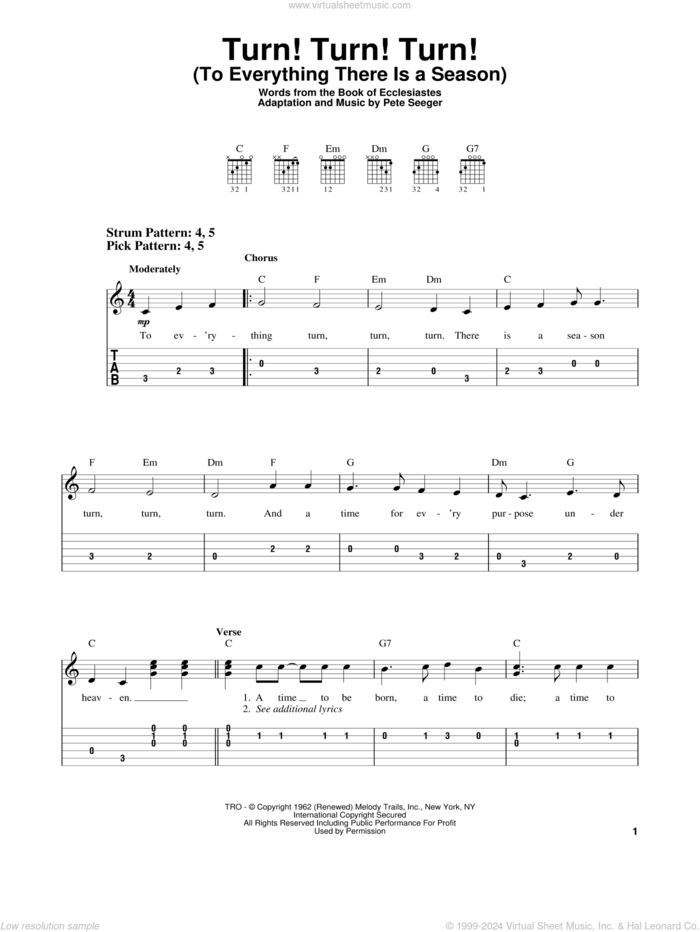 Turn! Turn! Turn! (To Everything There Is A Season) sheet music for guitar solo (easy tablature) by The Byrds, Book of Ecclesiastes and Pete Seeger, easy guitar (easy tablature)