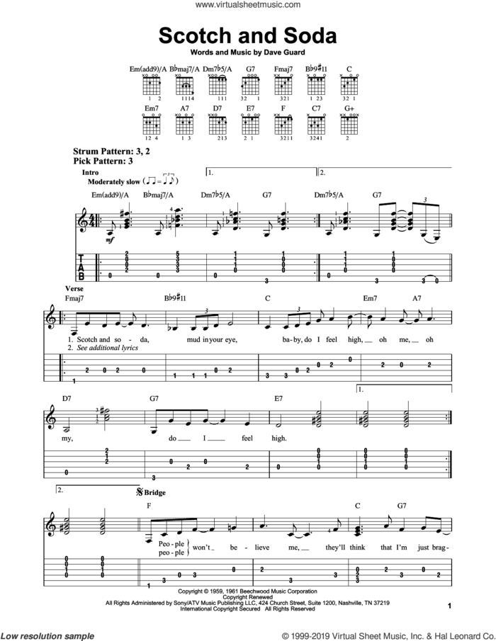 Scotch And Soda sheet music for guitar solo (easy tablature) by Kingston Trio and Dave Guard, easy guitar (easy tablature)