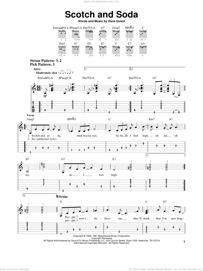 Scotch And Soda sheet music for guitar solo (easy tablature) by Kingston Trio and Dave Guard, easy guitar (easy tablature)