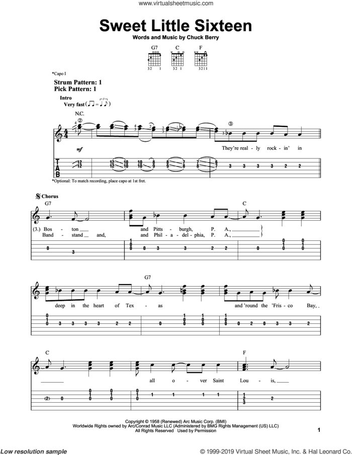 Sweet Little Sixteen sheet music for guitar solo (easy tablature) by Chuck Berry, easy guitar (easy tablature)