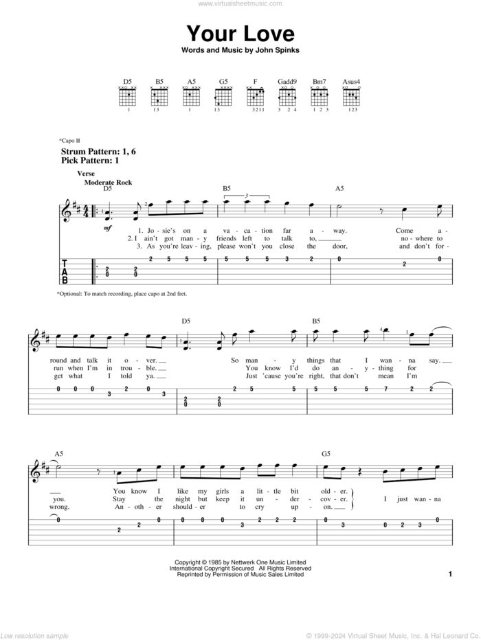 Your Love sheet music for guitar solo (easy tablature) by The Outfield and John Spinks, easy guitar (easy tablature)