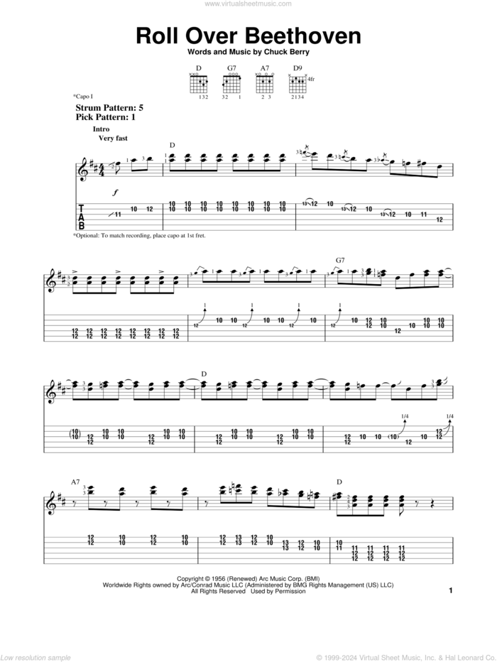 Roll Over Beethoven sheet music for guitar solo (easy tablature) by Chuck Berry, easy guitar (easy tablature)