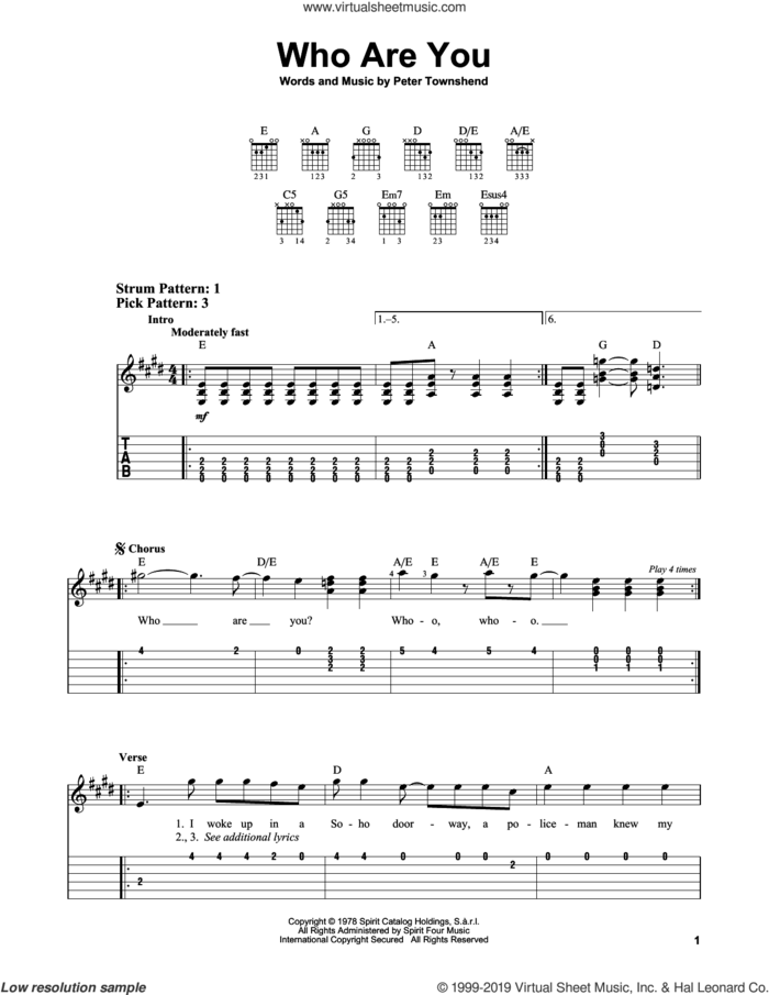 Who Are You sheet music for guitar solo (easy tablature) by The Who and Pete Townshend, easy guitar (easy tablature)