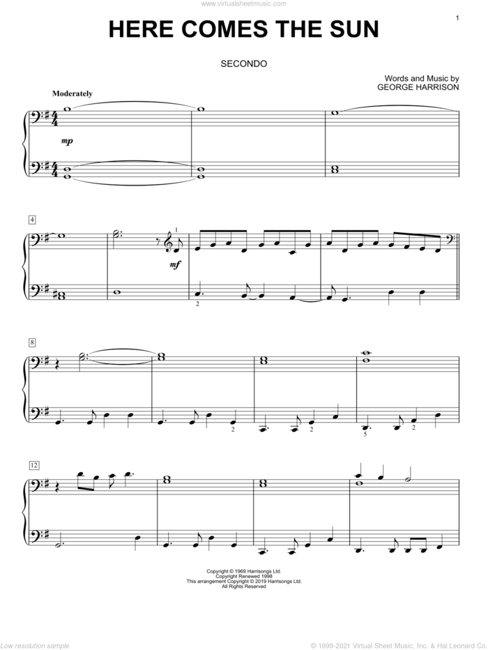 Here Comes The Sun sheet music for piano four hands by The Beatles and George Harrison, intermediate skill level