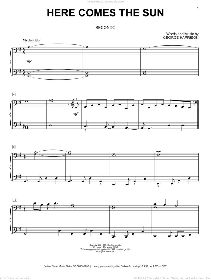 Here Comes The Sun sheet music for piano four hands by The Beatles and George Harrison, intermediate skill level