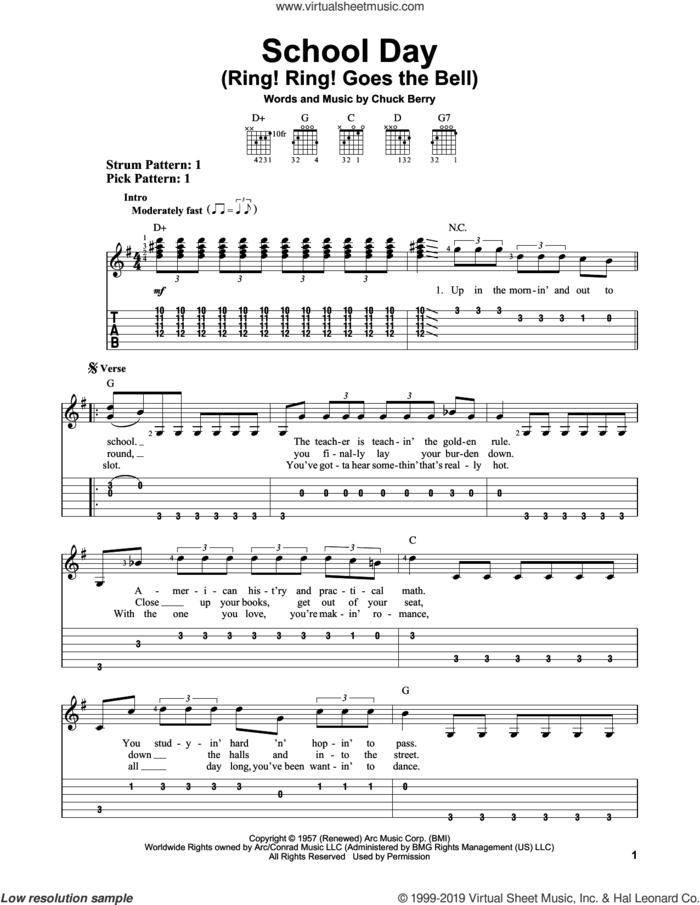 School Day (Ring! Ring! Goes The Bell) sheet music for guitar solo (easy tablature) by Chuck Berry, easy guitar (easy tablature)