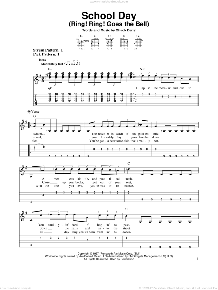 School Day (Ring! Ring! Goes The Bell) sheet music for guitar solo (easy tablature) by Chuck Berry, easy guitar (easy tablature)