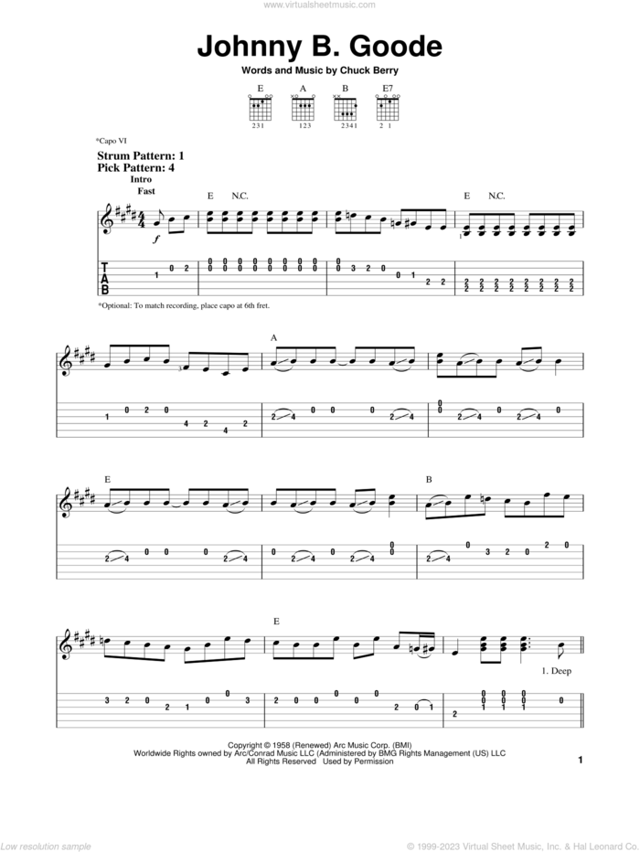Johnny B. Goode sheet music for guitar solo (easy tablature) by Chuck Berry, easy guitar (easy tablature)