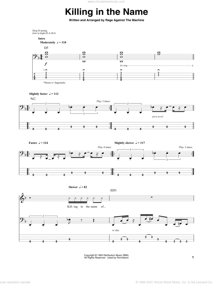 Killing In The Name sheet music for bass (tablature) (bass guitar) by Rage Against The Machine, Brad Wilk, Tim Commerford, Tom Morello and Zack De La Rocha, intermediate skill level
