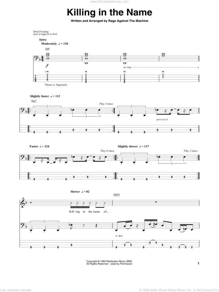 Killing In The Name sheet music for bass (tablature) (bass guitar) by Rage Against The Machine, Brad Wilk, Tim Commerford, Tom Morello and Zack De La Rocha, intermediate skill level