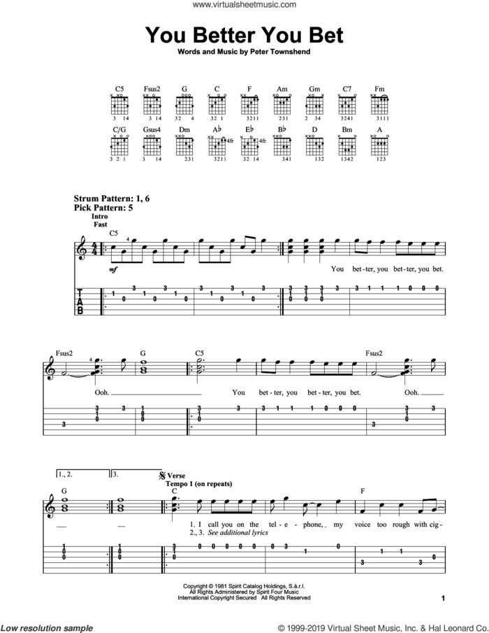 You Better You Bet sheet music for guitar solo (easy tablature) by The Who and Pete Townshend, easy guitar (easy tablature)