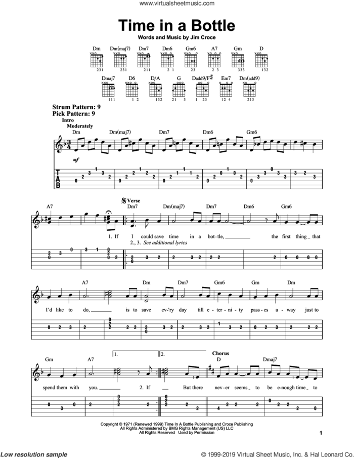 Time In A Bottle sheet music for guitar solo (easy tablature) by Jim Croce, easy guitar (easy tablature)