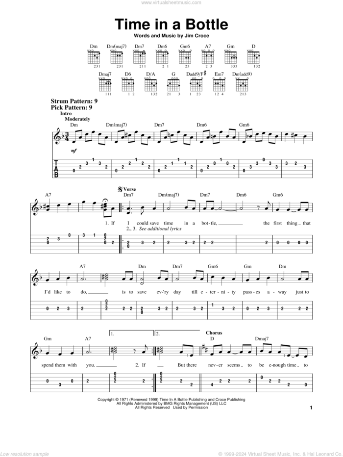 Time In A Bottle sheet music for guitar solo (easy tablature) by Jim Croce, easy guitar (easy tablature)