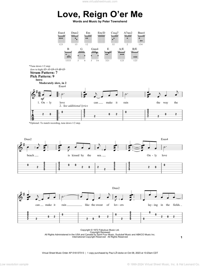 Love, Reign O'er Me sheet music for guitar solo (easy tablature) by The Who and Pete Townshend, easy guitar (easy tablature)