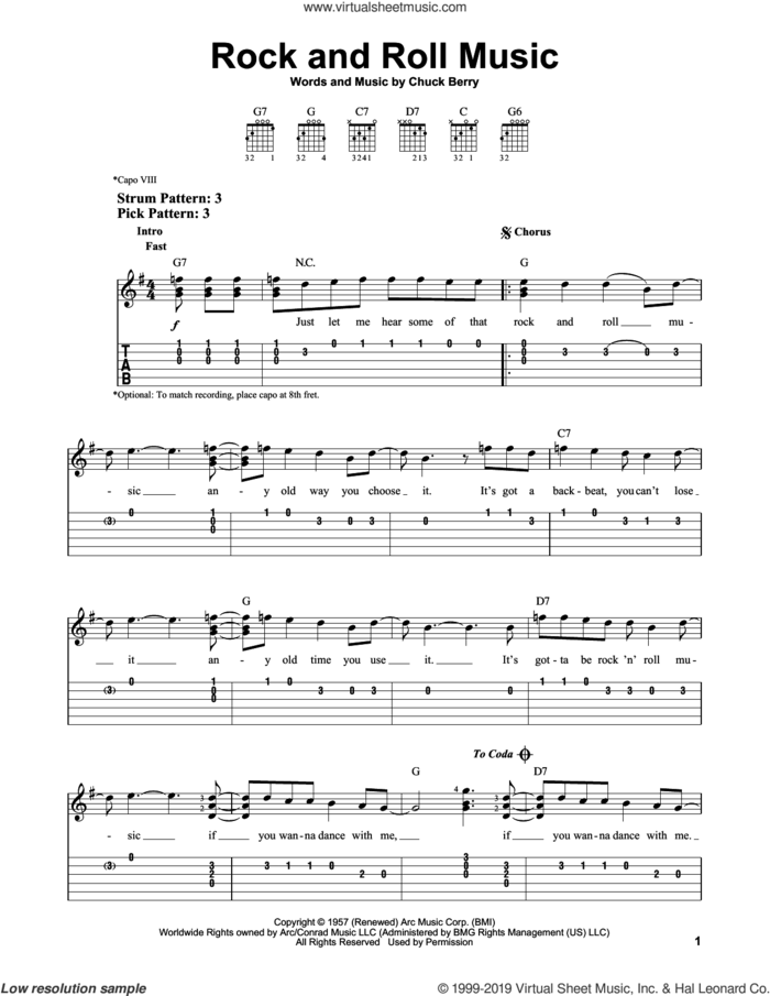 Rock And Roll Music sheet music for guitar solo (easy tablature) by Chuck Berry, easy guitar (easy tablature)