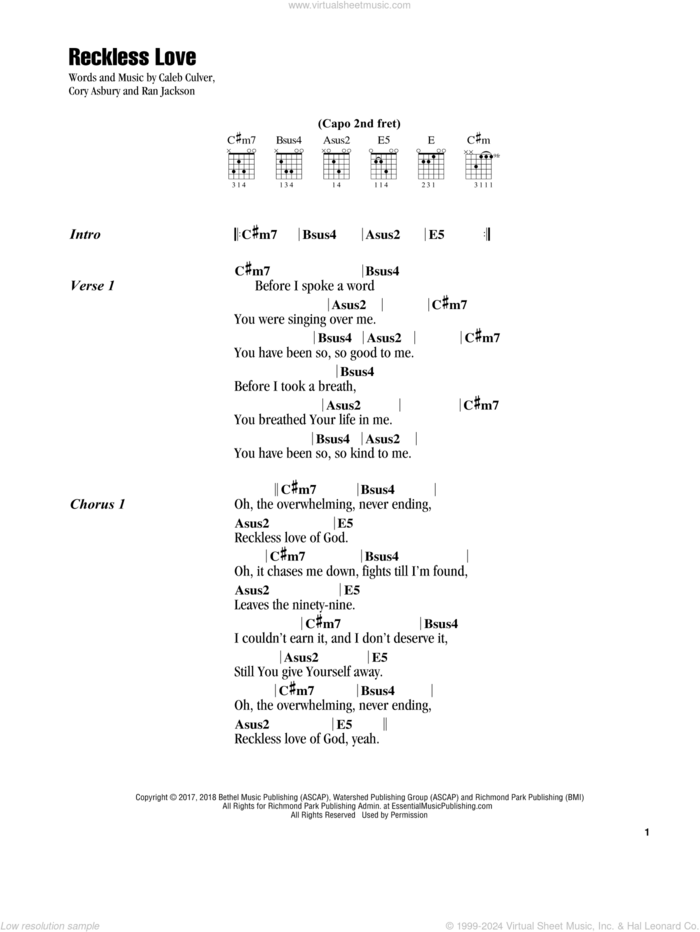 Reckless Love sheet music for guitar (chords) by Cory Asbury, Bethel Music, Caleb Culver and Ran Jackson, intermediate skill level