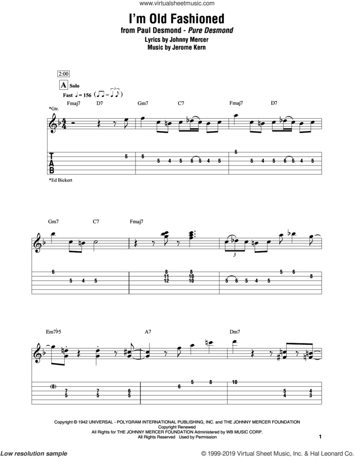 I'm Old Fashioned sheet music for electric guitar (transcription) by Paul Desmond, Jerome Kern and Johnny Mercer, intermediate skill level