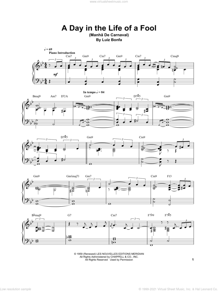 A Day In The Life Of A Fool (Manha De Carnaval) sheet music for piano solo (transcription) by Vince Guaraldi and Luiz Bonfa, intermediate piano (transcription)