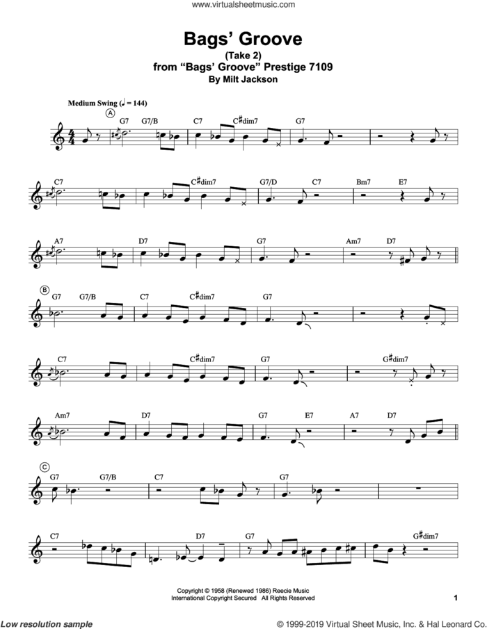 Bags' Groove (Take 2) sheet music for electric guitar (transcription) by Miles Davis and Milt Jackson, intermediate skill level