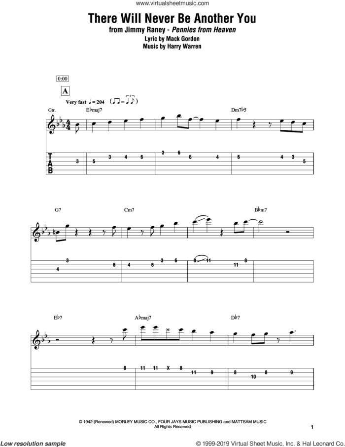 There Will Never Be Another You sheet music for electric guitar (transcription) by Jimmy Raney, Harry Warren and Mack Gordon, intermediate skill level