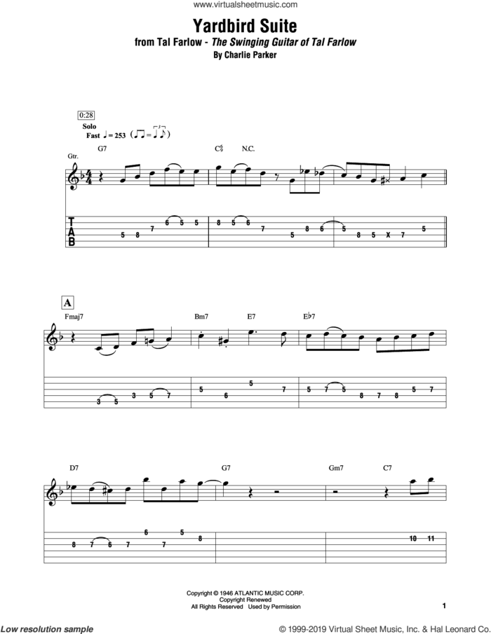 Yardbird Suite sheet music for electric guitar (transcription) by Tal Farlow and Charlie Parker, intermediate skill level