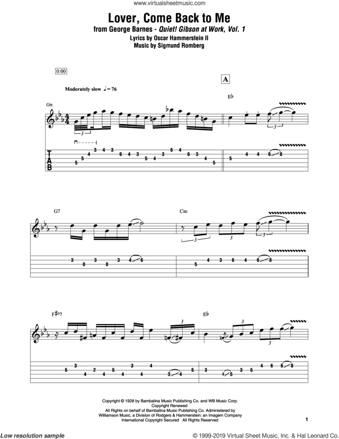 Lover, Come Back To Me sheet music for electric guitar (transcription) by George Barnes, Oscar II Hammerstein and Sigmund Romberg, intermediate skill level