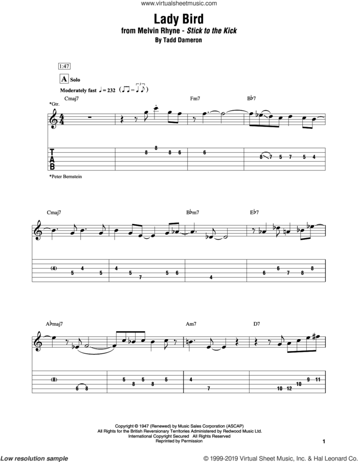 Lady Bird sheet music for electric guitar (transcription) by Melvin Rhyne and Tadd Dameron, intermediate skill level