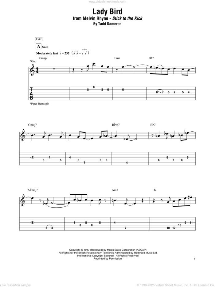 Lady Bird sheet music for electric guitar (transcription) by Melvin Rhyne and Tadd Dameron, intermediate skill level