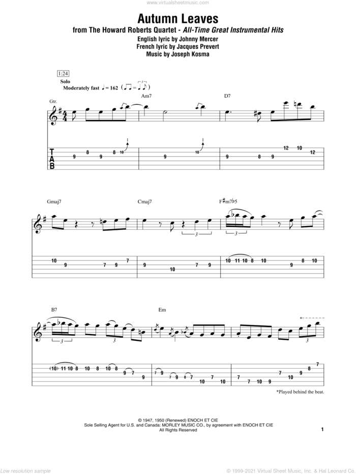 Autumn Leaves sheet music for electric guitar (transcription) by The Howard Roberts Quartet, Jacques Prevert, Johnny Mercer and Joseph Kosma, intermediate skill level