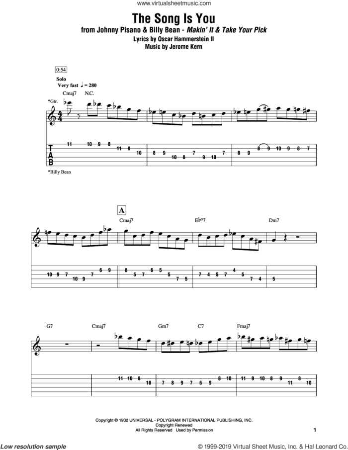 The Song Is You sheet music for electric guitar (transcription) by Johnny Pisano & Billy Bean, Jerome Kern and Oscar II Hammerstein, intermediate skill level