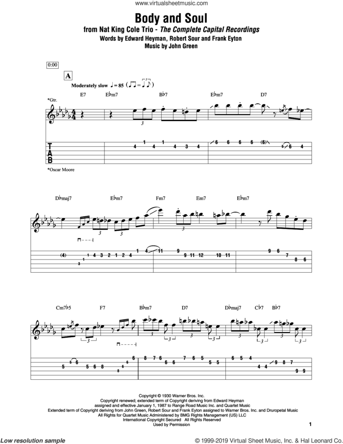 Body And Soul sheet music for electric guitar (transcription) by Edward Heyman, Nat King Cole, Frank Eyton, Johnny Green and Robert Sour, intermediate skill level