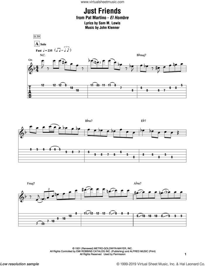 Just Friends sheet music for electric guitar (transcription) by Pat Martino, John Klenner and Sam Lewis, intermediate skill level