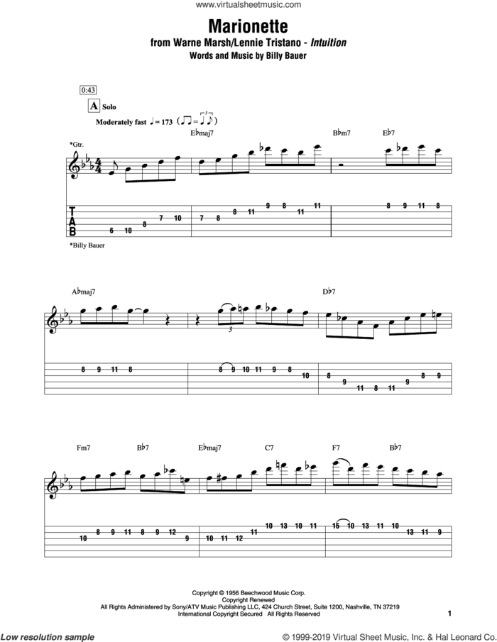 Marionette sheet music for electric guitar (transcription) by Warne Marsh & Lennie Tristano and Billy Bauer, intermediate skill level
