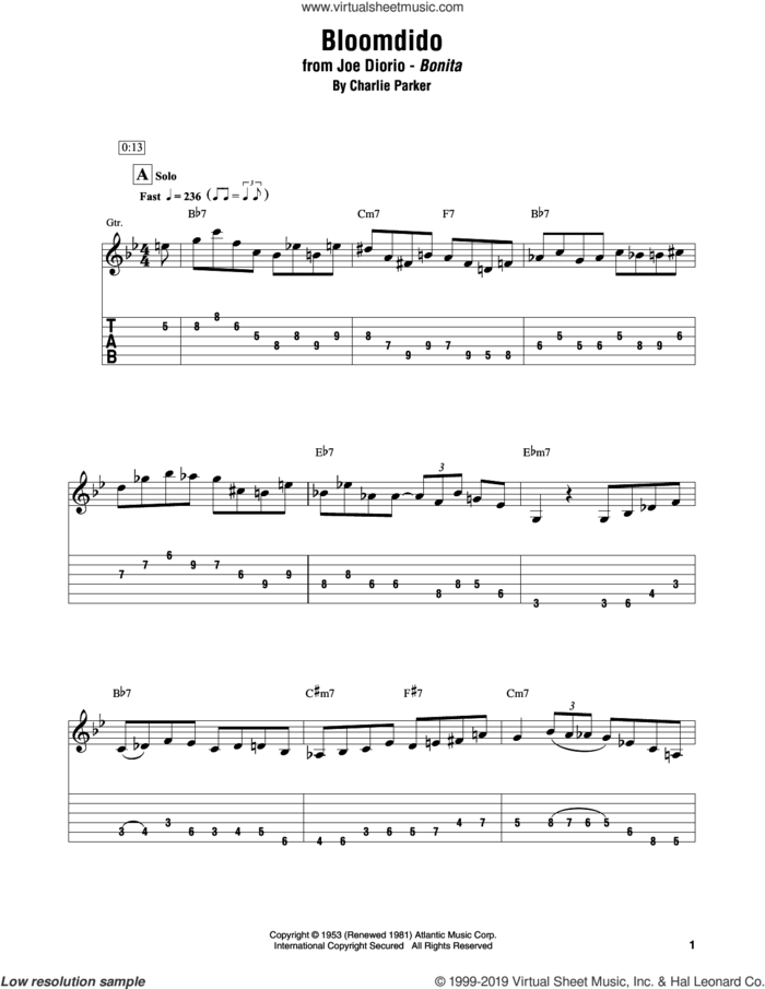 Bloomdido sheet music for electric guitar (transcription) by Joe Diorio and Charlie Parker, intermediate skill level