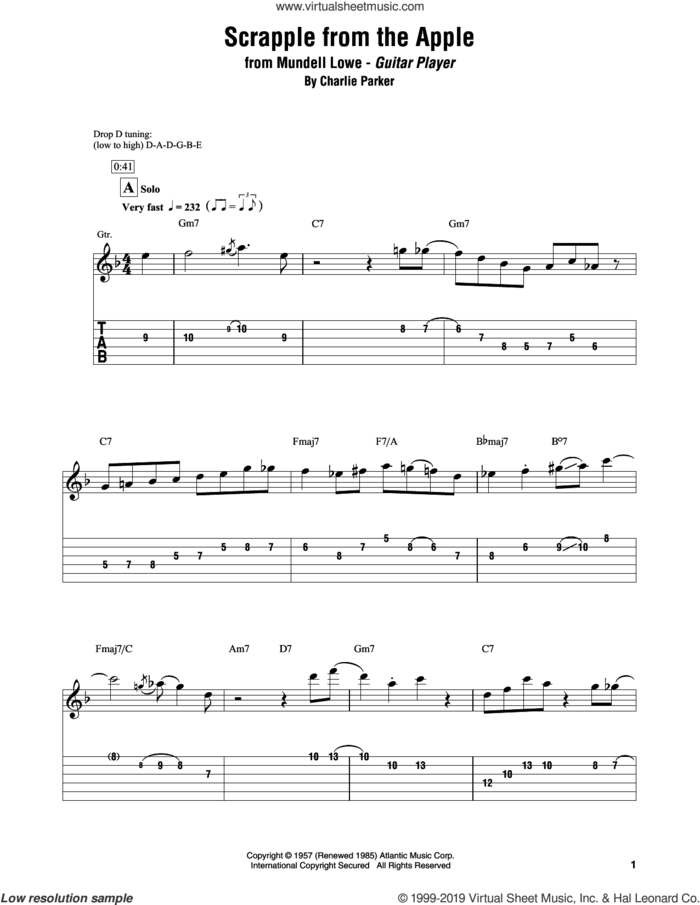 Scrapple From The Apple sheet music for electric guitar (transcription) by Mundell Low and Charlie Parker, intermediate skill level