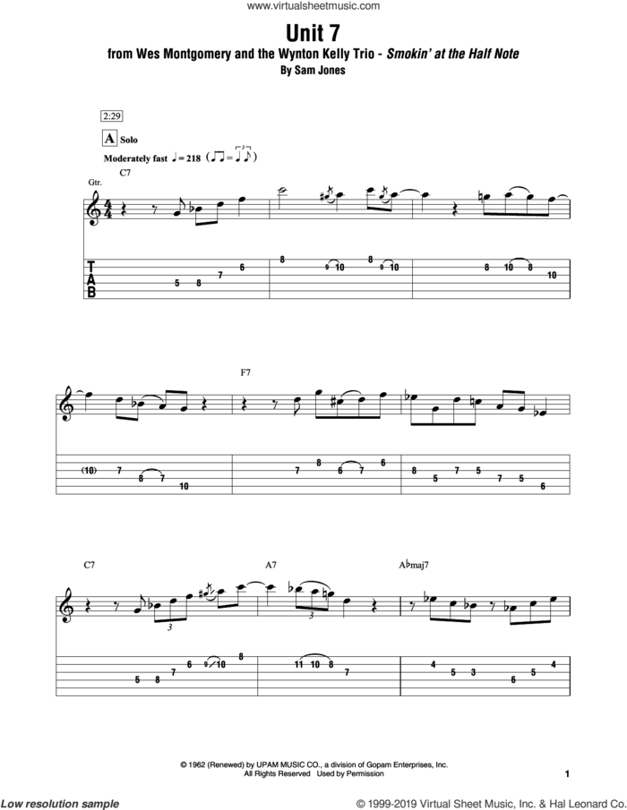 Unit 7 sheet music for electric guitar (transcription) by Wes Montgomery and the Wynton Kelly Trio and Sam Jones, intermediate skill level