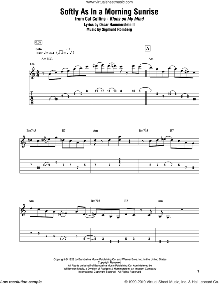 Softly As In A Morning Sunrise sheet music for electric guitar (transcription) by Cal Collins, Oscar II Hammerstein and Sigmund Romberg, intermediate skill level