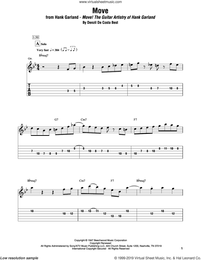Move sheet music for electric guitar (transcription) by Hank Garland and Denzil De Costa Best, intermediate skill level