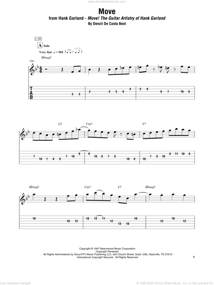 Move sheet music for electric guitar (transcription) by Hank Garland and Denzil De Costa Best, intermediate skill level