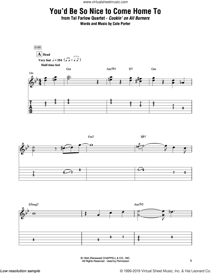You'd Be So Nice To Come Home To sheet music for electric guitar (transcription) by Tal Farlow Quartet and Cole Porter, intermediate skill level