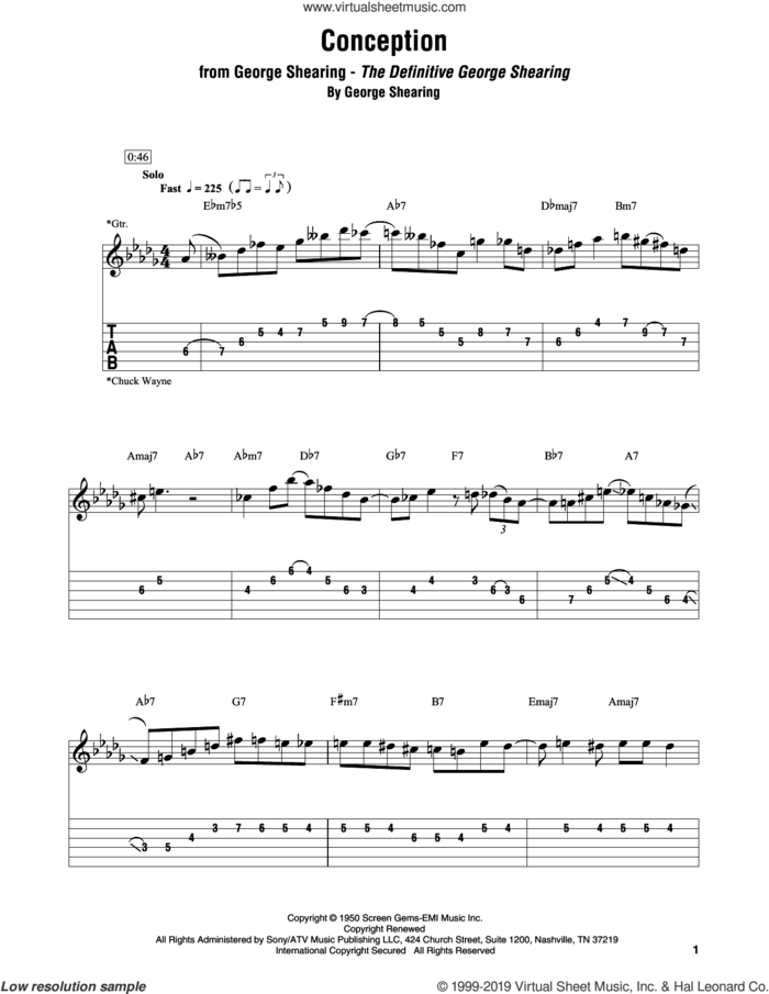 Conception sheet music for electric guitar (transcription) by George Shearing, intermediate skill level
