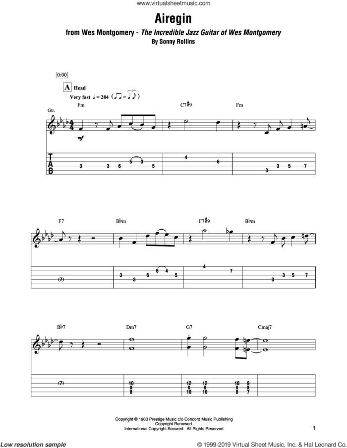 Airegin sheet music for electric guitar (transcription) by Wes Montgomery and Sonny Rollins, intermediate skill level