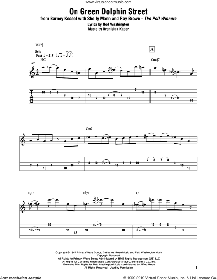 On Green Dolphin Street sheet music for electric guitar (transcription) by Barney Kessel, Shelly Mann and Ray Brown, Bronislau Kaper and Ned Washington, intermediate skill level