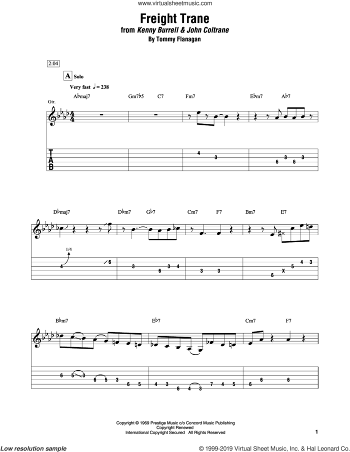Freight Trane sheet music for electric guitar (transcription) by Kenny Burrell & John Coltrane and Tommy Flanagan, intermediate skill level