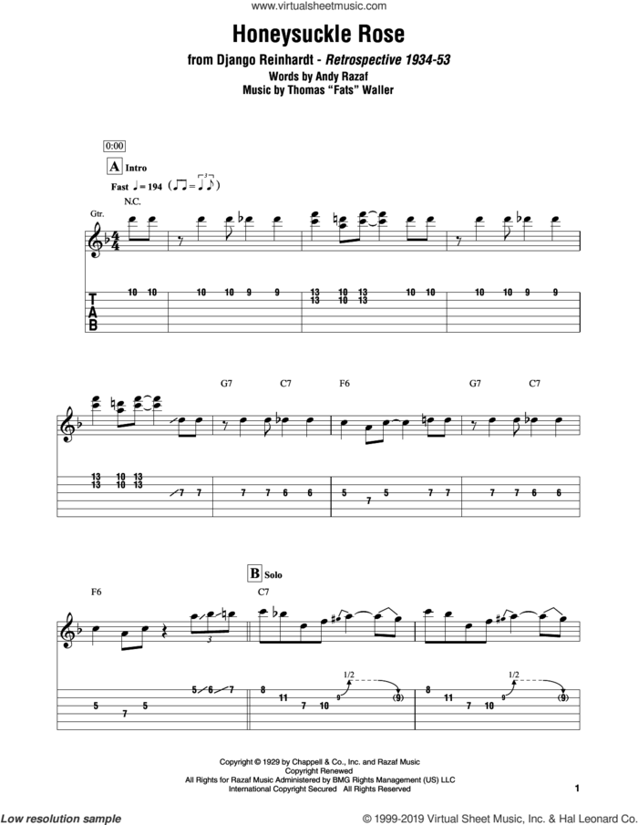 Honeysuckle Rose sheet music for electric guitar (transcription) by Django Reinhardt, Andy Razaf and Thomas Waller, intermediate skill level