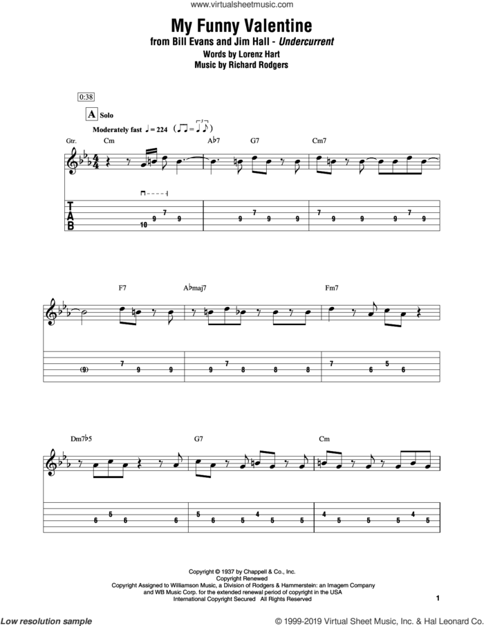 My Funny Valentine sheet music for electric guitar (transcription) by Bill Evans & Jim Hall, Lorenz Hart and Richard Rodgers, intermediate skill level
