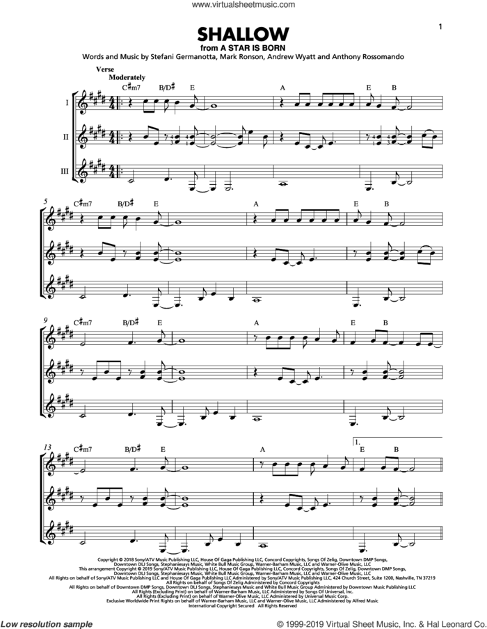 Shallow (from A Star Is Born) sheet music for guitar ensemble by Lady Gaga & Bradley Cooper, Bradley Cooper, Andrew Wyatt, Anthony Rossomando, Lady Gaga and Mark Ronson, intermediate skill level