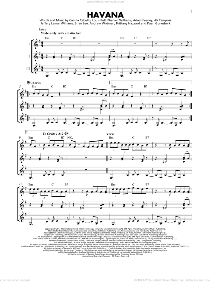 Havana (feat. Young Thug) sheet music for guitar ensemble by Camila Cabello, Young Thug, Adam Feeney, Ali Tamposi, Andrew Wotman, Brian Lee, Brittany Hazzard, Jeffery Lamar Williams, Kaan Gunesberk, Louis Bell and Pharrell Williams, intermediate skill level