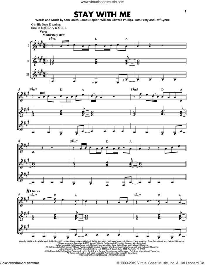 Stay With Me sheet music for guitar ensemble by Sam Smith, James Napier, Jeff Lynne, Tom Petty and William Edward Phillips, intermediate skill level