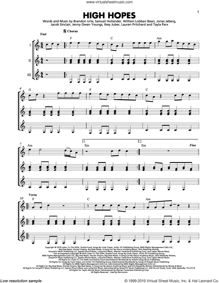 High Hopes sheet music for guitar ensemble by Panic! At The Disco, Brendon Urie, Ilsey Juber, Jacob Sinclair, Jenny Owen Youngs, Jonas Jeberg, Lauren Pritchard, Sam Hollander, Tayla Parx and William Lobban Bean, intermediate skill level